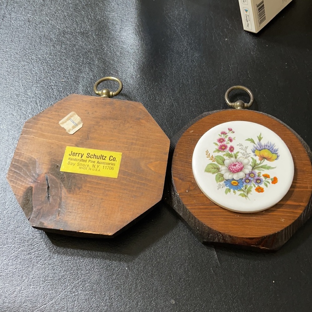 Floral Porcelain Plaque Wall Decor - Round Wooden Mount, Pink & Yellow Flowers - Picture 2 of 4